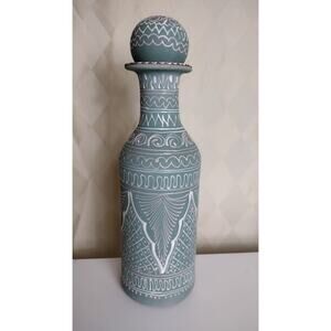 Vtg Barlop Clay Earthenware Pottery Decanter, Painted Terracotta, Made in Mexico